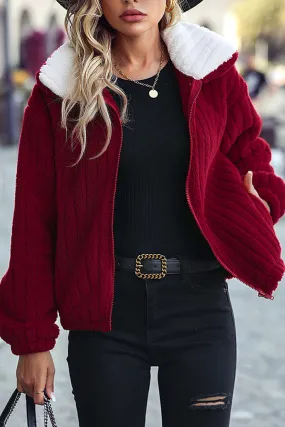 Zipper Design Ribbed Fleece Jacket Coat